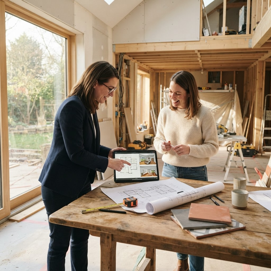 Asesor y cliente revisando un plan de remodelación